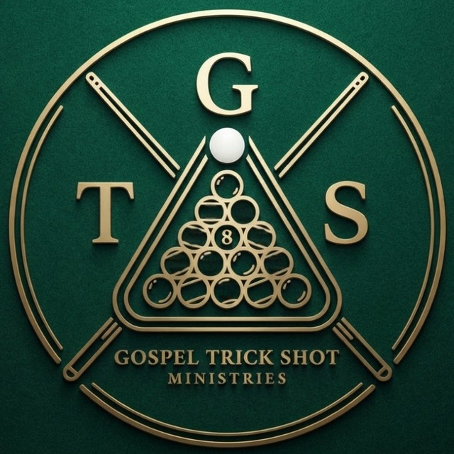 Gospel Trick Shot Ministries badge: gold cue sticks crossed behind a triangle rack of billiard balls, with the letters G, T, and S.